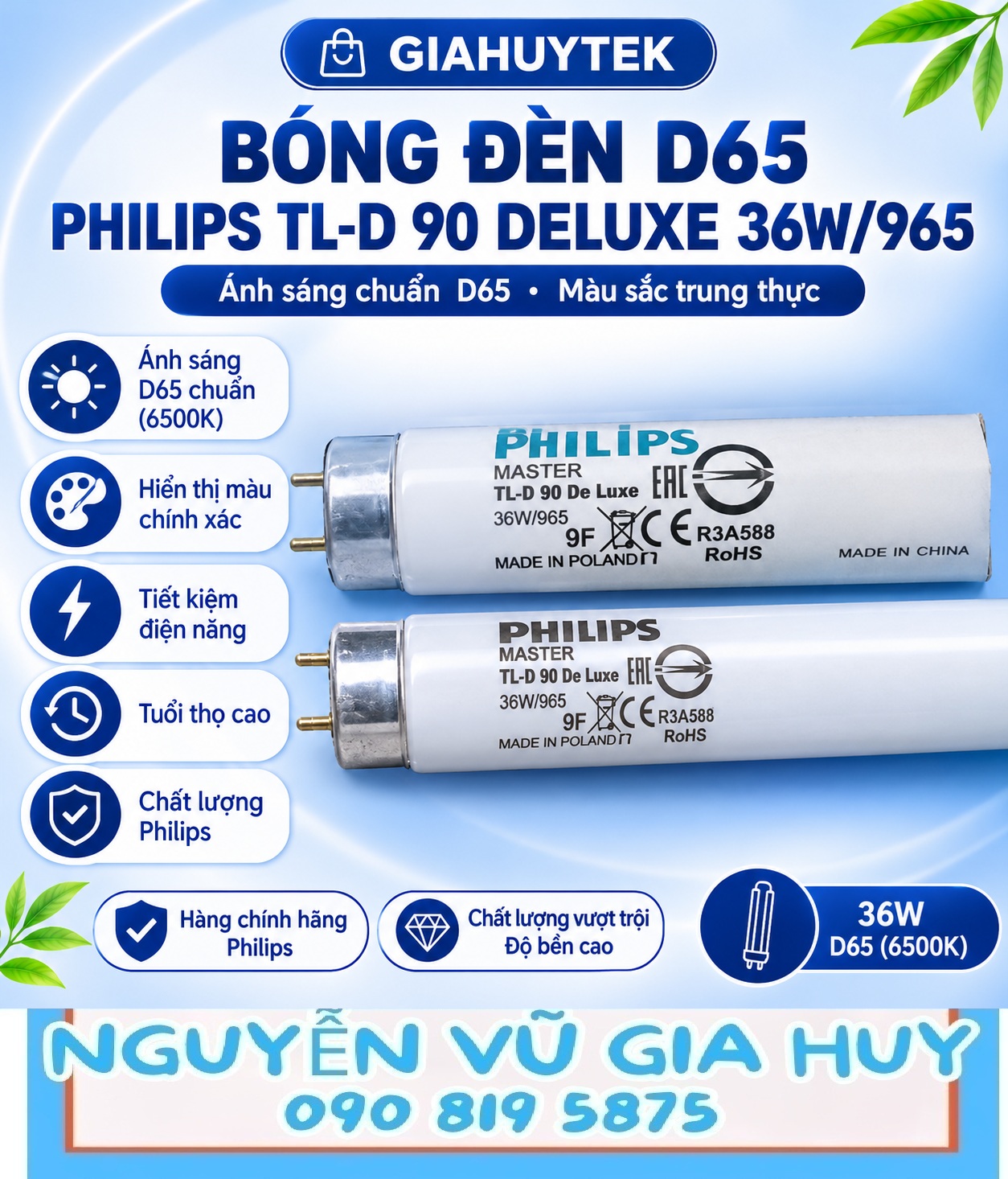Bóng Philips MASTER TL-D 90 De Luxe 36W/965 T8 chân G13, 6500 K
